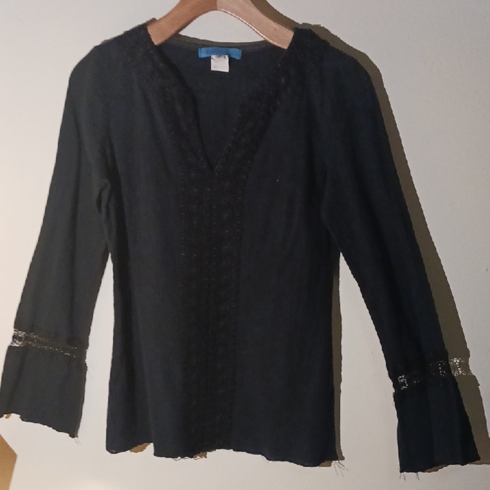 Anna Huling Black Peasant Blouse w/ Intricate Detailing